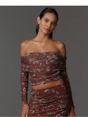 Anthropologie Aleda Mesh Ruched Off Shoulder top by Maeve